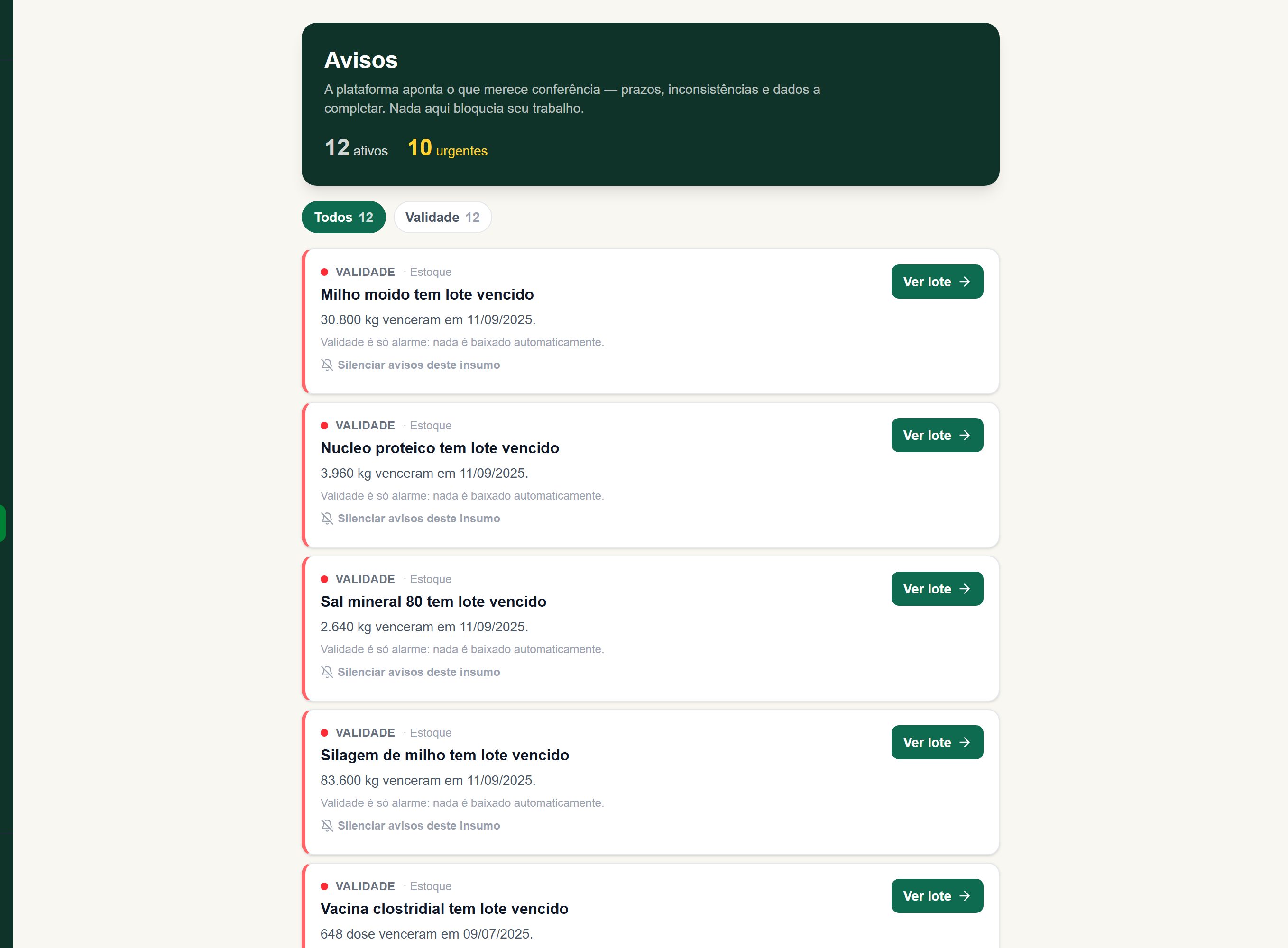 Tela real de Avisos da plataforma Alqira