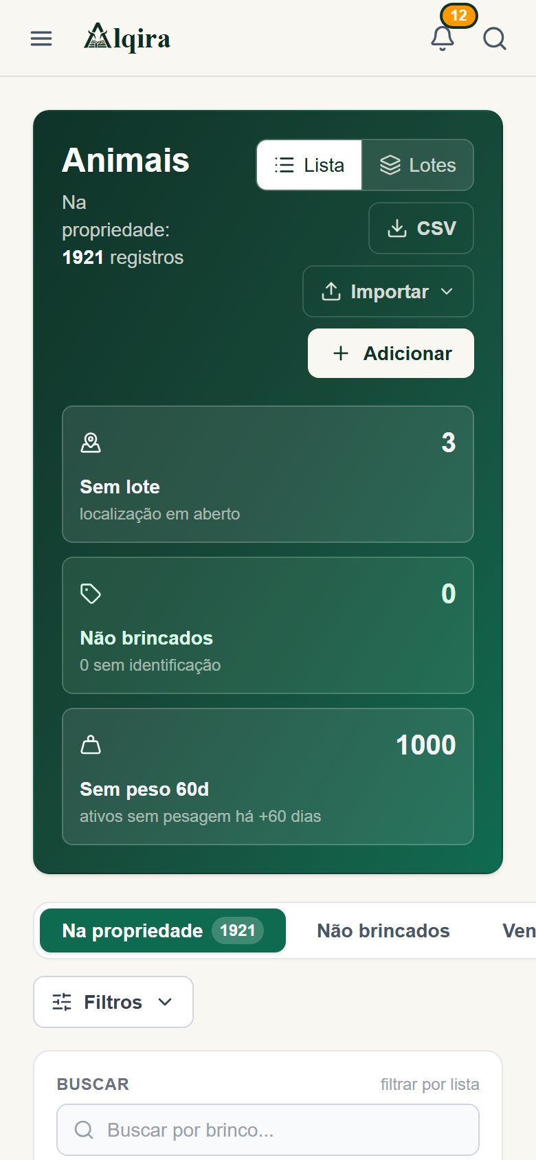 Tela real de Animais da plataforma Alqira no celular