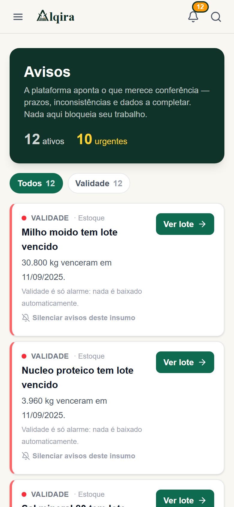 Tela real de Avisos da plataforma Alqira no celular