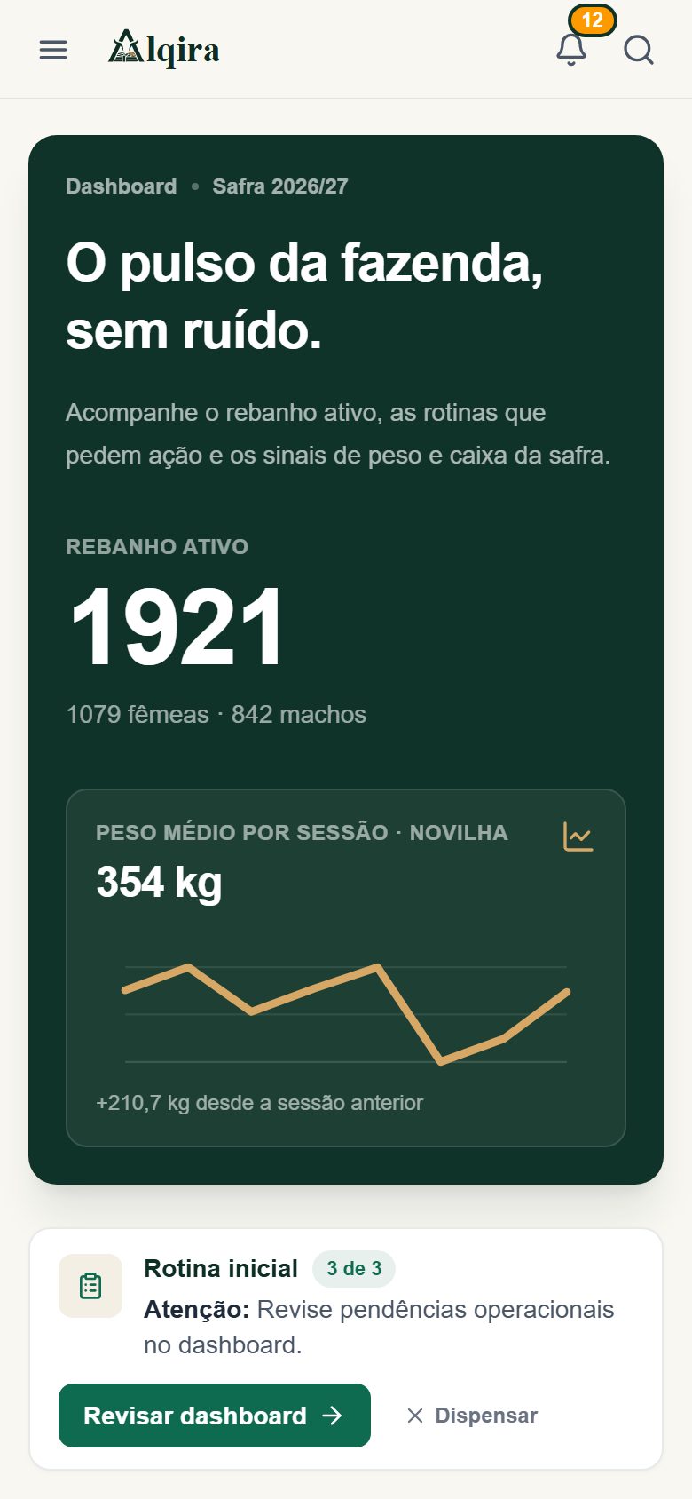 Tela real de Dashboard da plataforma Alqira no celular