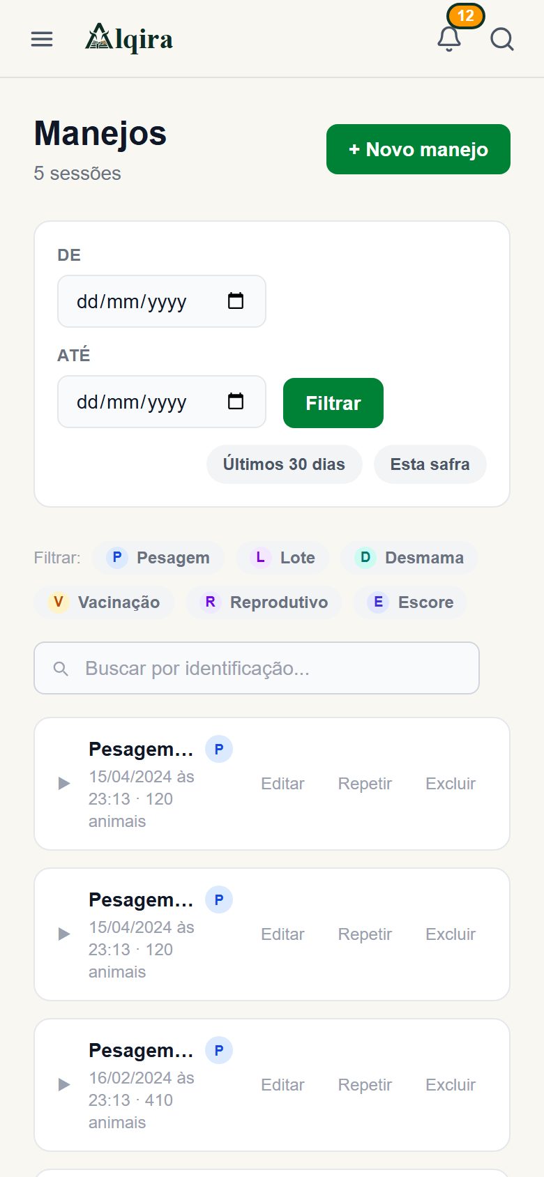 Tela real de Manejos da plataforma Alqira no celular