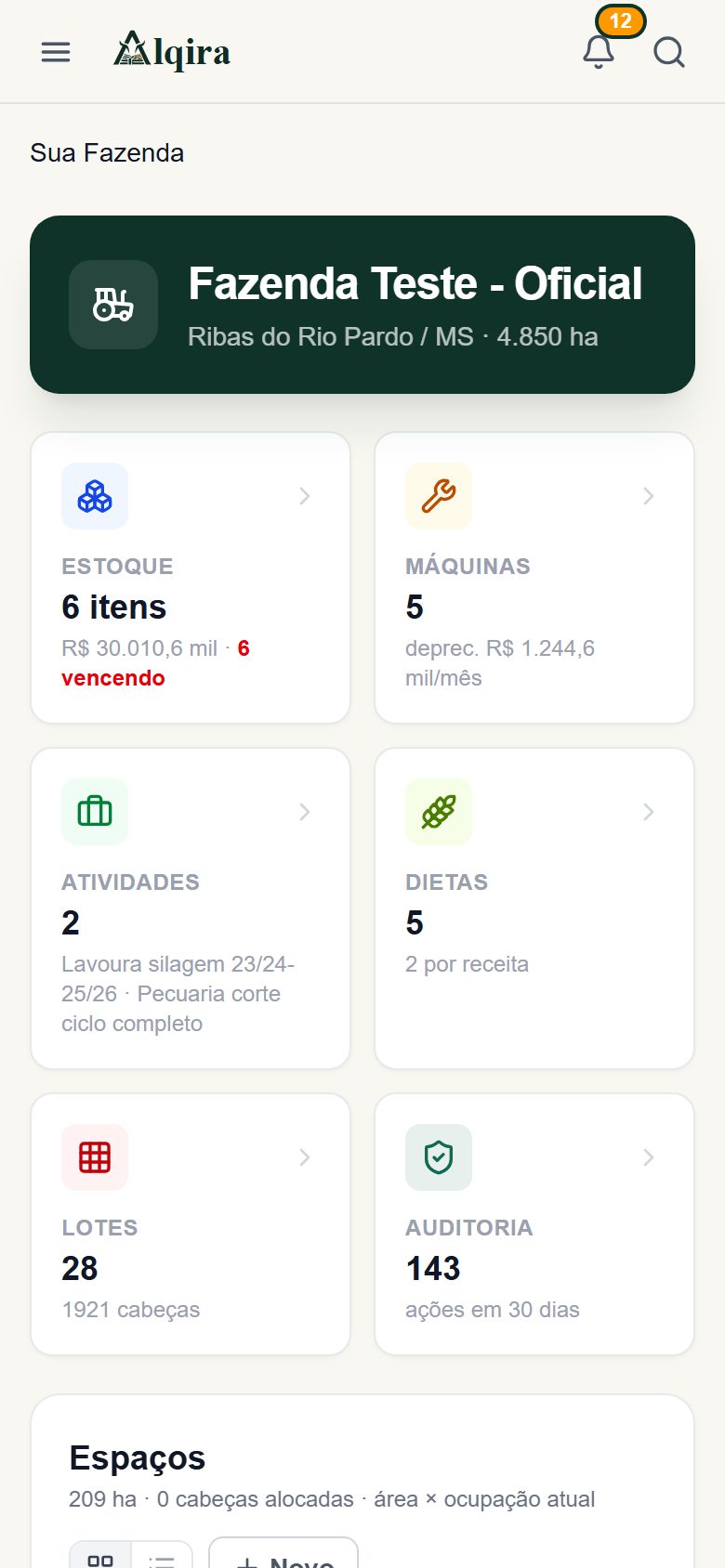 Tela real de Sua Fazenda da plataforma Alqira no celular